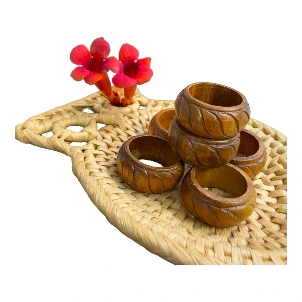 Vintage Hand Carved Teak Wood Napkin Rings Philippines Set of 6 Boho